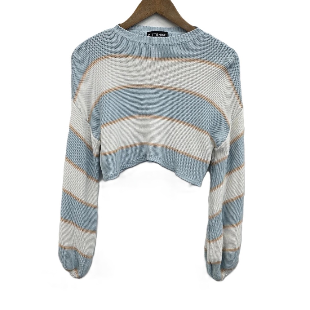 Womens L‎ Blue Striped Cropped Sweater Y2K Preppy Retro Casual Aesthetic Top